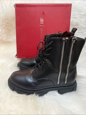 Henry Ferrera Black Leather Lace-Up Combat Boots with Dual Zippers
